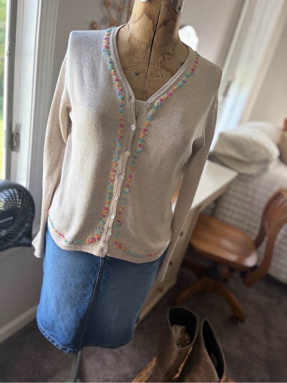 L.L. Bean Linen Cotton Blend Cardigan with Multicolor Floral Trim